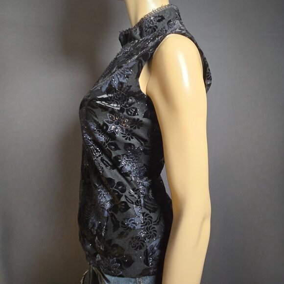 Vintage 90s Y2K  Black Flocked Velvet Top Size M Sleeveless Glitter Whimsigoth - Picture 5 of 9